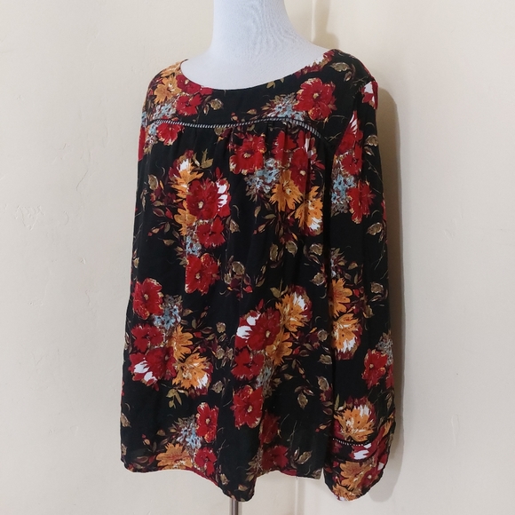 Time and Tru Large 12-14 Womens Rust Orange Black Boho Floral Long Sleeve Blouse - Picture 2 of 8